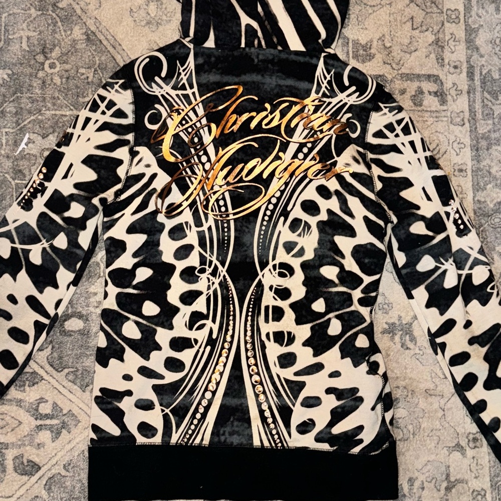 Christian Audigier Black and Cream Hoodie with Gold Accents